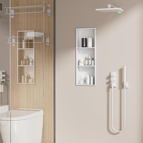 No Tile Needed Shower Niche - 304 Stainless Steel Niche Shower with 3- Tier Shelves Recessed Wall Niches for Bathroom Storage (White, 36 X 12 X 4.13 Inches, 3) - color: White
