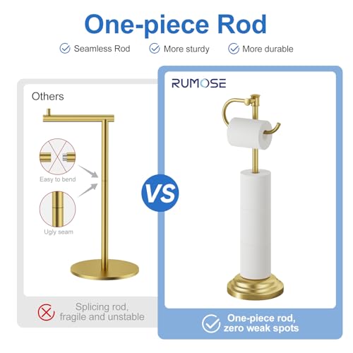 RUMOSE Toilet Paper Holder Stand for Floor, Brushed Gold | Bathroom Free Standing Toilet Tissue Roll Holder with Storage, Adjustable 17-25 Inch, Rustproof, SUS304 Stainless Steel - color: Brushed Gold