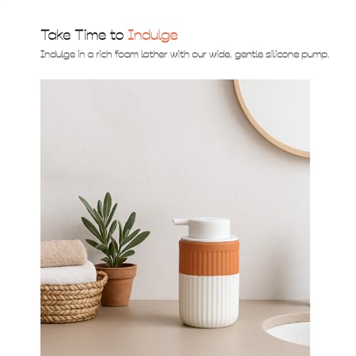 Hand Dipped Boho Ceramic Foam Dispenser, Terracotta White 12 oz | Two Tone Ceramic Design, Rippled Cylinder, Soft Touch Silicone Pump, Organic Boho Style, Elegant Bathroom Counter Accent - color: Orange,white 1 Pack