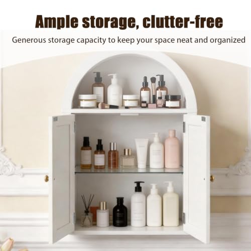 Bathroom Wall Cabinet with LED Light, Over The Toilet Storage Cabinet, Arched Bathroom Cabinet Wall Mount with 2 Doors & Adjustable Shelves, Above Bathroom Sink Cabinet for Laundry Kitchen (White) - color: White