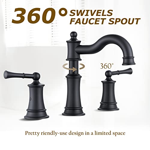 Roman Bathroom Sink Faucet Deck Mount or Wall Mount Installation Pop-up Drain Assembly with Overflow Deck Plate and Water Supply Lines Included (3 Hole Deck Mount, Matte Black) - color: Matte Black, style: 3 Hole Deck Mount