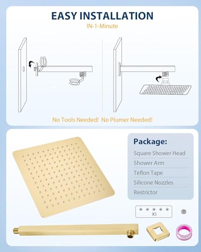 12 Inch Brushed Gold Rain Shower Head with Extension Arm, Rainfall Square Showerhead with 16 Inch Shower Arm All Stainless Steel, 144 Outlets Waterfall Full Body Coverage - color: Brushed Gold