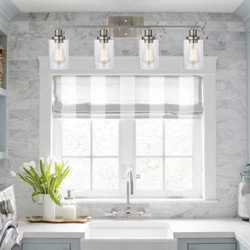MELUCEE Bathroom Light Fixtures Brushed Nickel 4 Heads with Clear Glass | Modern Vanity Lights Wall Sconce with Clear Glass Shade for Hallway Kitchen Bedroom Living Room (Patent No.: US D963914 S) - color: Brushed Nickel, size: 4-Light