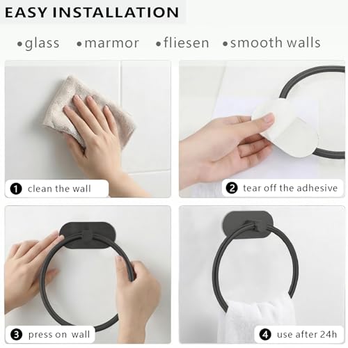 Self-Adhesive Towel Ring, No Drill Stainless Steel Round Hand Towel Holder, Rustproof Waterproof Towel Hanger with Strong Sticky Base, Modern Wall-Mounted Towel Loop for Bathroom Kitchen (Matte Black) - color: Matte Black