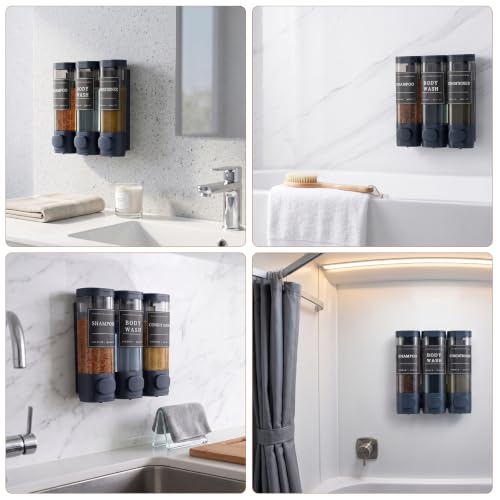 Shampoo and Conditioner Dispenser,Shower Soap Dispenser 3 Chamber No Drill Wall-Mounted for Bathroom & Hotel Leak-Proof Pumps, for Thick Liquids Like Conditioner - 1050ML High Capacity, Dark Blue - color: Dark Blue