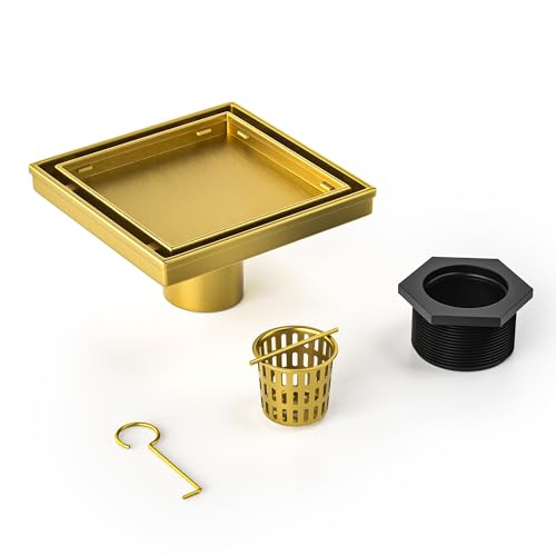Square Shower Drain, 304 Stainless Steel Floor Drain 6" | with Tiled Insert Grate & Hair Strainer, Bathroom 2-in-1 Tiled in Drain, CUPC Certified - color: Brushed Gold, size: 6''