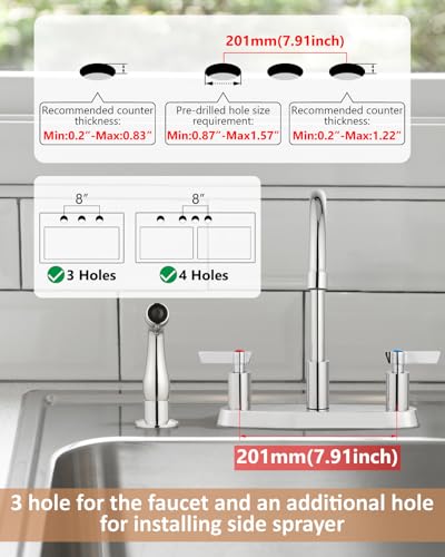 Kitchen Faucet with Side Sprayer, 8 Inch Centerset 4-Hole Chrome | Lead-Free 4-Hole High Arc Kitchen Sink Faucet, 1.8 GPM, 360° Spout - color: Chrome
