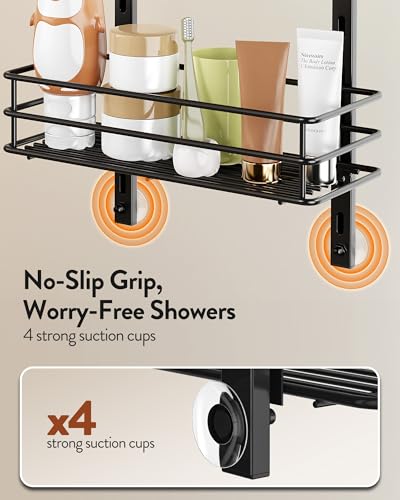 Orimade Over the Door Shower Caddy Adjustable 5 Tier Black,Bathroom Hanging Organizer Shelf Rustproof with 4 Hooks,Shower Basket with Soap Holder and Suction Cup - color: Black-5T