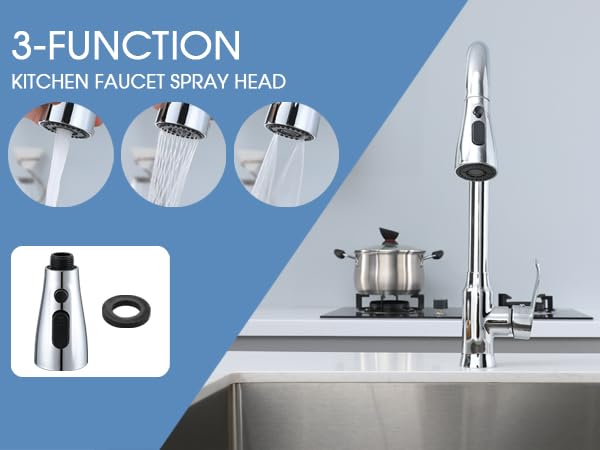 Kitchen Faucet Sprayer Head Replacement, 3 Function Pull Down Sink Faucet Spray Head with Detachable Aerator, Universal Fit, Chrome/Brushed Nickel Finish, Leak-Proof Nozzle for Kitchen Sink