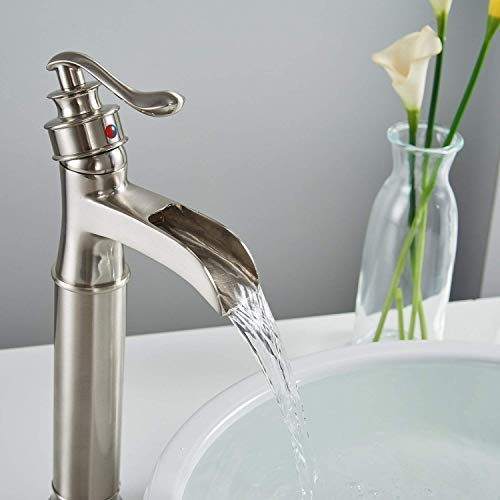 Bathroom Vessel Sink Faucet Waterfall Faucet for Sink 1 Hole | Pop Up Drain None Overflow and Supply Lines Included,Deck Mount,Tall Bowl Sink,Ceramic Cartridge,Solid Brass,Brushed Nickel - color: Brushed Nickel