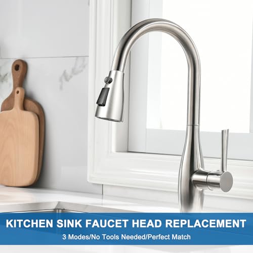 Kitchen Faucet Head Replacement, Premium 3 Function Pull Down Spray Head with 9 Adapters, Kitchen Sink Faucet Head Compatible with American Standard, Moen/Delta Faucets, Brushed Nickel - color: Brushed Nickel