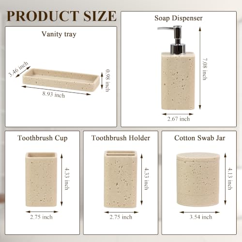 Bathroom Accessories Set 6 Piece Soap Dispenser Set Travertine Beige | Bathroom Set with Toothbrush Holders, Soap Dispenser, Vanity Tray, Tumbler, Cotton Swab Jars, Bathroom Organizer and Storage - color: Travertine Beige
