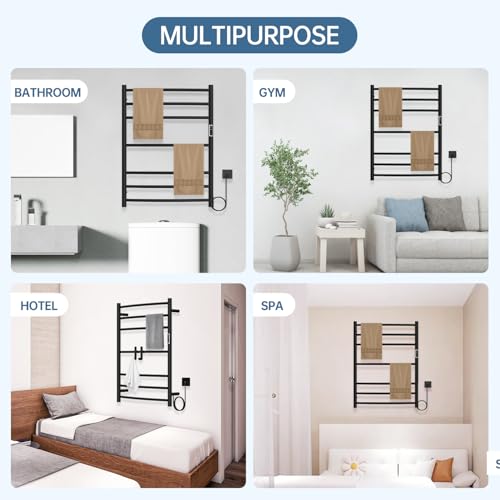Electric Stainless Steel Warmer Rack Heated Towel Rack with 2 Hooks, Build-in Timer Temperature Adjustable Plug-in/Hardwired Hooks Hot Towel Rack for Bathroom Spa Gym Hotel (Black, 7-Bar) - color: Black, size: 7-Bar