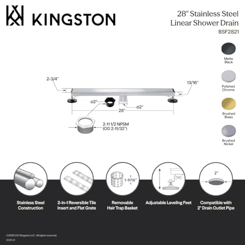 Kingston BSF2828 Stainless Steel Linear Shower Drain, Brushed Nickel - color: Brushed Nickel