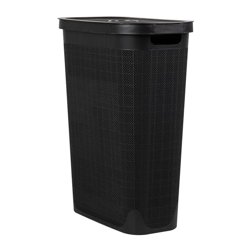 Mind Reader Slim Laundry Hamper with Lid, 40L Clothes Basket, Linen Design, Plastic, Black - color: Black