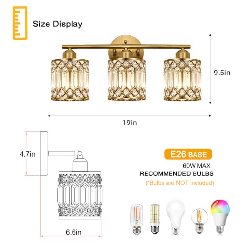 Lxybcce Brushed Antique Brass 3-Light Bathroom Vanity Light, 19 in Modern Crystal Bathroom Lighting Fixtures Over Mirror, E26 Hardwired Bathroom Wall Sconce - color: Gold, size: 19in