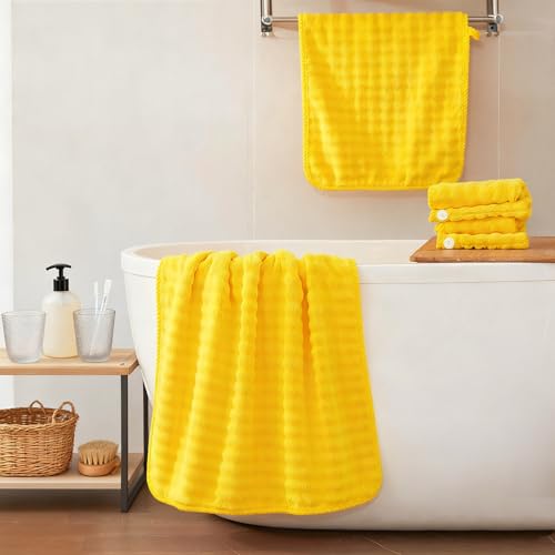COZYART Lint Free 8 Pcs Bathroom Towels Set Ultra Soft Microfiber Yellow | Ultra Fluffy, Thick, Highly Absorbent, Fast Dry, No Shedding, No Pilling, Fade Resistant, Durable, Long-lasting - color: Yellow