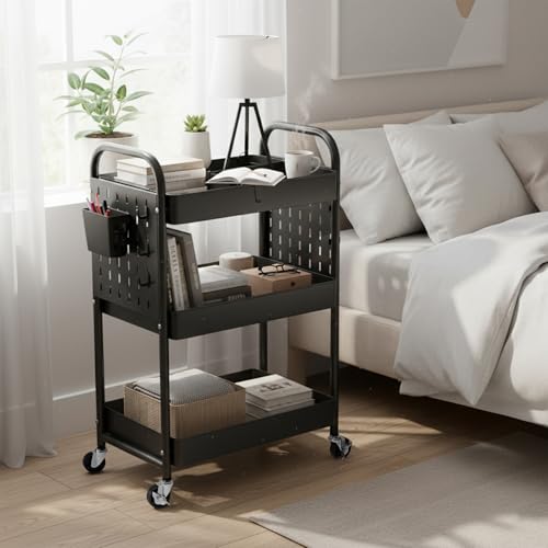 Craft Cart, Black Rolling Cart with Retractable Dividers & DIY Pegboards for Kitchen, Bedroom, Laundry - color: Black