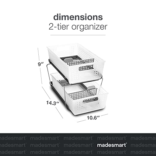 madesmart Two Tier Organizer with Dividers, Frost | pull out bins, tiered access, cleaning supplies, under sink use, pantry bottles, woman owned