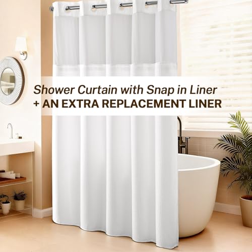 River Dream No Hooks Shower Curtain with 2 Snap in Liner, White, 71Wx74H | Waffle Weave, 1 Attached Snap in Liner and 1 Extra Replacement Liner, Bathroom Curtains Shower Set, Hotel Grade, Spa Like - color: White