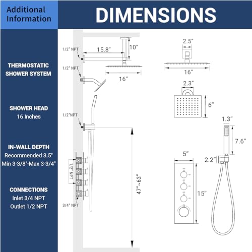 16" Thermostatic Dual Rainfall Head Shower System with Handheld & Valve, 16” Ceiling Shower Faucet Set with 6-Inch Shower Head, JetsBath Brushed Nickel Full Body Shower System for Couples/ 2-Person - color: Brushed Nickel