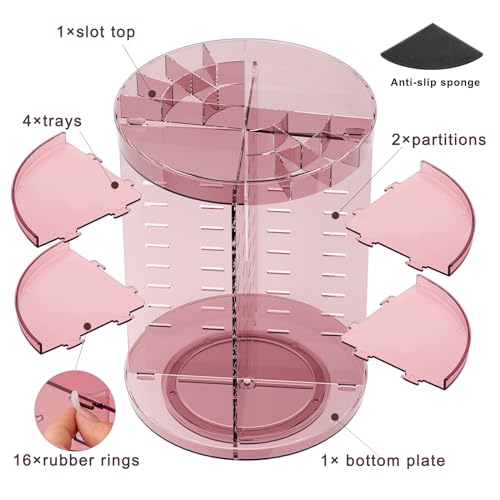 Jiavarry 360 Rotating Makeup Organizer with DIY 8 Adjustable Height, Pink | Lipstick Slots, Spinning Skincare, Brush and Perfume Storage, for Vanity Bathroom Countertop - color: Slot Top Pink