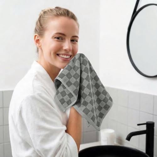 Jacquotha Grey Checkered Washcloths Set of 4 - Cotton Face Towels 13" x 13" | Soft Wash Cloths Facecloths, Bathroom & Showering, Kitchen Rags, Skincare & Makeup Routine, Cute Aesthetic - color: Grey