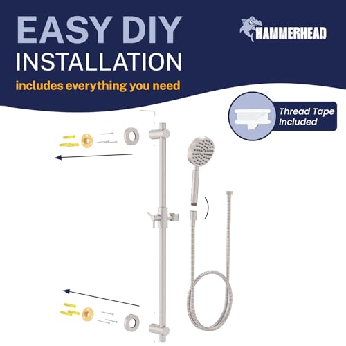 HammerHead Showers® Solid Metal 27.5 Inch Shower Slide Bar Set and Handheld Shower Head with Hose — BRUSHED NICKEL — 2.5 GPM High Pressure Spray Wand — Easily Adjust Height & Angle of Handshower - color: Brushed Nickel, size: 2.5 GPM