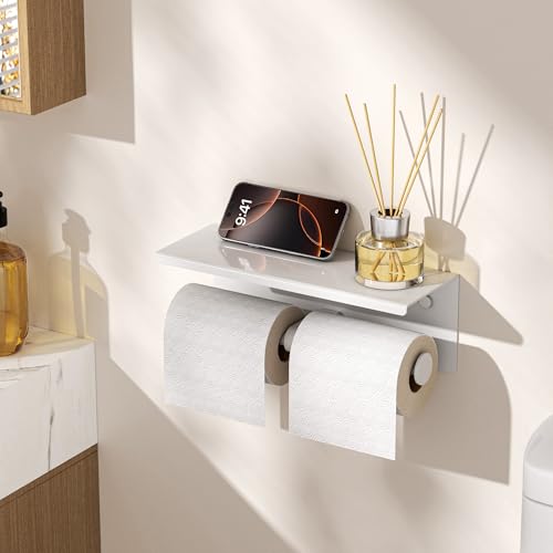 FORIOUS Toilet Paper Holder with Shelf, Commercial Toilet Paper Dispensers | White | Wall Mount Bathroom Tissue Holder | SUS304 Stainless Steel Rustproof | Double Tissue Roll Holder - color: White