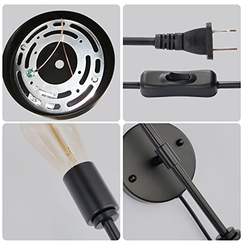 Black 2 Light Plug in Wall Sconce Set of 2 for Bathroom Farmhouse | 2-in-1 plug in hardwire wall sconce with on off switch cord 2 pack black industrial lamp fits E26 bulbs for indoor use