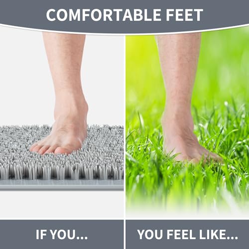 Yolife Shower Foot Scrubber Mat, Anti-Slip Bath Mat with Scrub Bristles, Soft Shower Foot Massager with Strong Suction Cups for Soothe Achy Feet, 25.6" x 13.4" - color: Light Grey, size: 25.6" x 13.4" (Rectangular)