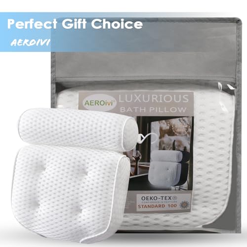 AEROiVi Luxury Bath Pillows for Tub Soft Mesh Strong 6 Suction Cups White | Bath Pillow with laundry bag head and neck support Relaxing Bath Washable Quick-Dry Bath Accessories Spa Gifts - color: White