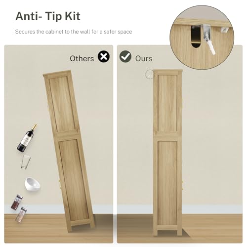 Iwell Tall Narrow Storage Cabinet with 1 Drawer and 2 Doors, Fluted Cabinet with Adjustable Shelves, Rattan Kitchen Cabinet for Bathroom, Living Room, Kitchen, Natural Oak - color: Fluted Natural