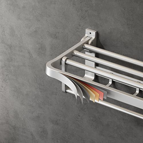 24 Inch Towel Rack with Towel Bar Holder Foldable Towel Shelf with Movable Hooks Rustproof Towel Storage Wall Mount for Bathroom Lavatory Silver - color: Silver