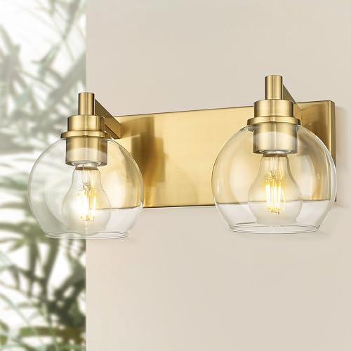 Bathroom Light Fixtures, 2 Light Brushed Gold Vanity Light, Modern Wall Sconces with Clear Glass Globe Shade, Bathroom Wall Lights Over Mirror Kitchen Bedroom Hallway, VL195-GD-2 | 15" modern bathroom light fixtures over mirror, E26 base, bulbs not includ