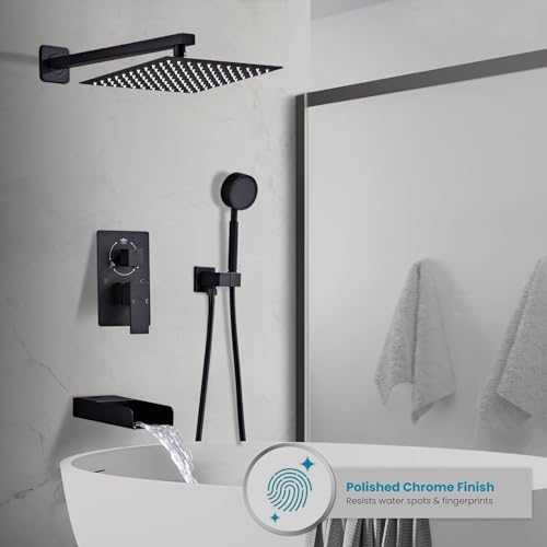 Matte Black Shower Tub Faucet Set, Wall Mounted 8 Inch Shower Heads with Handheld Spray Combo and Tub Shower Faucet, Luxury Bathroom Square Rain Shower System - 4 Hooks - color: Matte Black, style: 8 Inch with Tub Spout