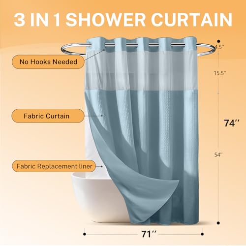 River Dream No Hooks Shower Curtain with 2 Snap in Liner, Pink, 71Wx74H | Waffle Weave, 1 Attached Snap in Liner and 1 Extra Replacement Liner, Bathroom Curtains Shower Set, Hotel Grade, Spa Like - color: Blue
