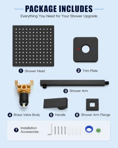 Heyalan 10 Inch Square Rain Shower Faucet Set with Valve, Matte Black | Female-thread 1/2-inch NPT connections, SUS304 shower head, brass rough-in valve, single-handle control Shower Set - color: Black, size: 10 Inch Square Shower Head