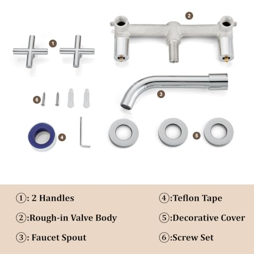 Midanya Wall Mount Bathroom Faucet 3 Hole 2 Cross Handle,Polish Chrome | SUS304 Stainless Steel,Rough-in Valve Included,360° Swivel Spout,for Bathroom Sink,Vanity - color: Polish Chrome