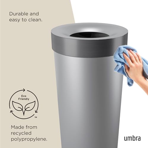 Umbra Vento Kitchen Trash Can, Open Top Bin, 16.5 Gallon, Grey/Nickel | Brushed metal accents, bag concealing design, easy wipe clean, fits home and office, durable plastic - color: Grey/Nickel