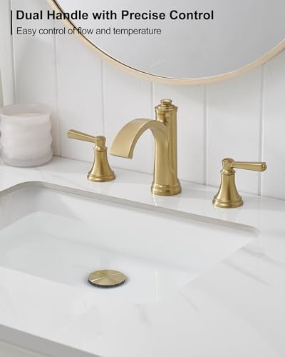 Brass Bathroom Waterfall Faucet, 4-16 Inch Brushed Gold Bathroom Faucet Widespread Bathroom Sink Faucet, 2 Handles Bathroom Faucets for Sink 3 Hole with Pop Up Drain, Water Hoses - color: Brushed Gold