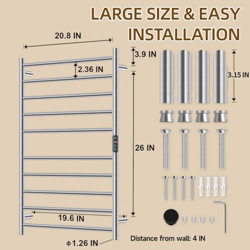 Towel Warmers for Bathroom, 10 Bar Large Heated Towel Rack, Brushed Nickel | Smart LED Control Time & Temp, IPX4 Waterproof Stainless Steel, Plug-in, Fast Heating Large Capacity for Bathroom Spa Gym