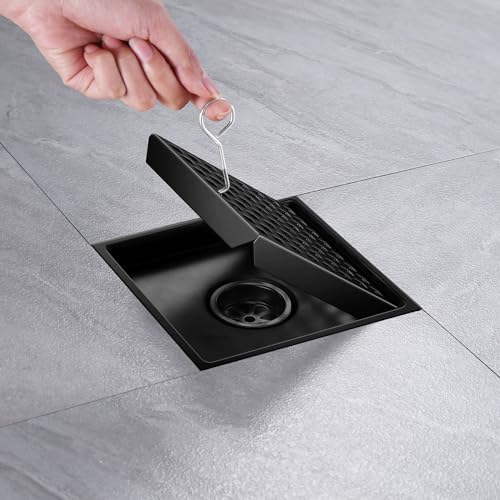 Shower Drain, Matte Black 6 inch Square Shower Floor Drain with Flange, Removeable Grid Panel SUS 304 Stainless Steel Square Shower Drain - color: Matte Black, size: 6 inch