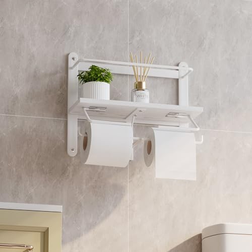Homeiju Double Toilet Paper Holder with Shelf, Wooden Wall-Mounted Toilet Paper Roll Holder, Wall-Mounted Bathroom Organizer, Double Roll, Suitable for Bathrooms(White)