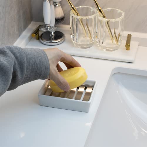 Soap Dish for Bar Soap, Bathroom Soap Holder for Shower, White Ceramic Soap Tray with Stainless Steel Draining Holder