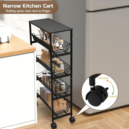 IBERG 5 Tier Slim Storage Cart with Wheels and Pull Out Baskets (Black)
