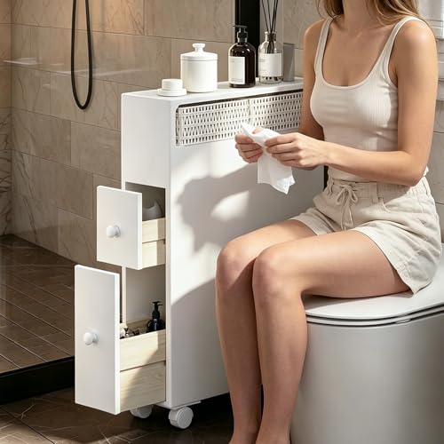 Jerry & Maggie Bathroom Storage Cabinet Movable freestanding Toilet Organizer with Multi Tier Shelves Drawers and Toilet Paper Rack Space Saver for Home Bathroom or Living Room Storage