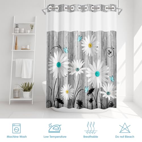 No Hook Shower Curtain with Snap in Liner 71x86 Inch Daisy Flower | Wooden Boards Gray Modern Double Layers Waterproof Fabric with See Through Top Window Open Grommet Bath Curtain - color: Daisy, size: 71"W x 86"L (Pack of 1)
