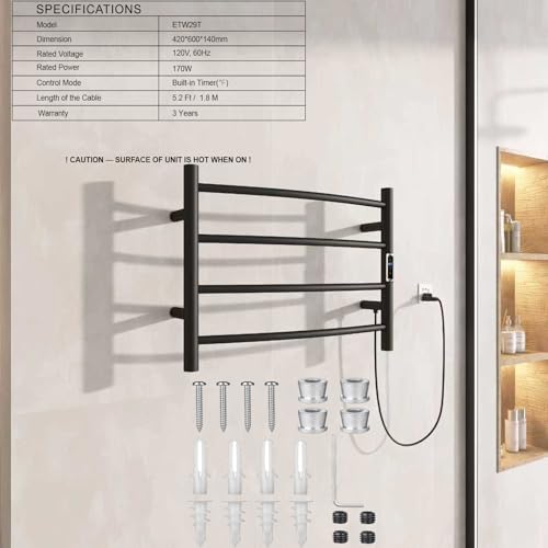 (1 Pack) Electric Towel Warmer with Built-in Timer - Wall Mounted Bathroom Heated Towel Rack, Plug-in Design Black - size: Size 1
