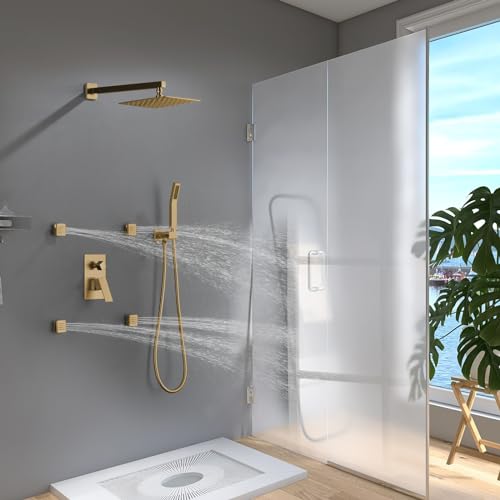 Shower Body Spray Jets with On Off Switch Adjustable Flow Body Sprays Jets Massage Spa Jet Brushed Gold, Flow control - color: Square-Brushed Gold
